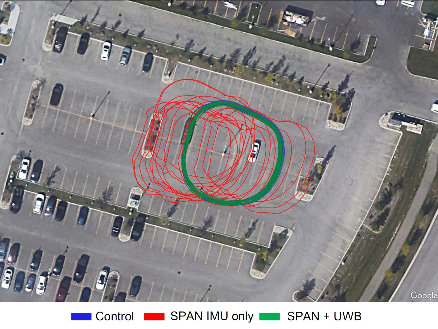 Overhead view of parking lot with paths circled